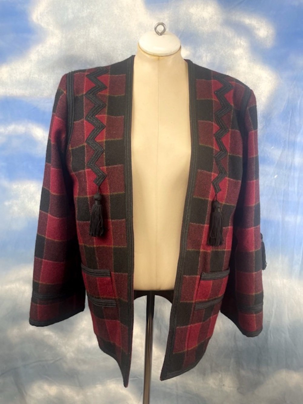 Saint Laurent Rive Gauche vintage open front red tartan tassel jacket